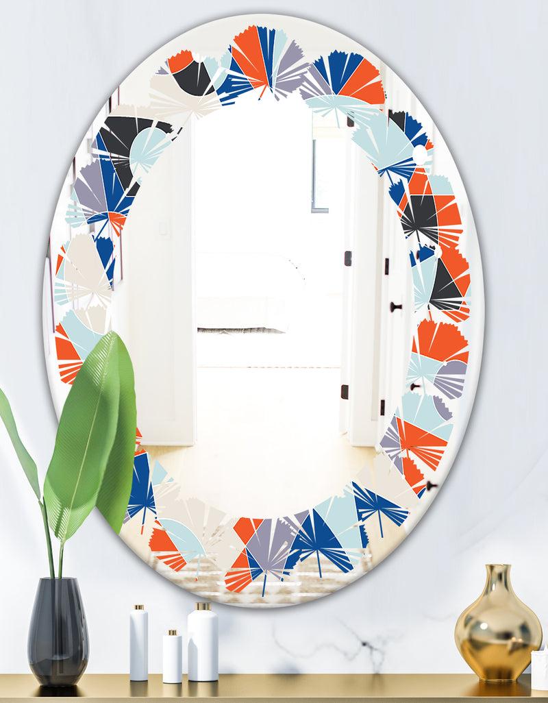 DesignQ Retro Geometric Grid IV - Modern Round Or Oval Wall Mirror - Leaves