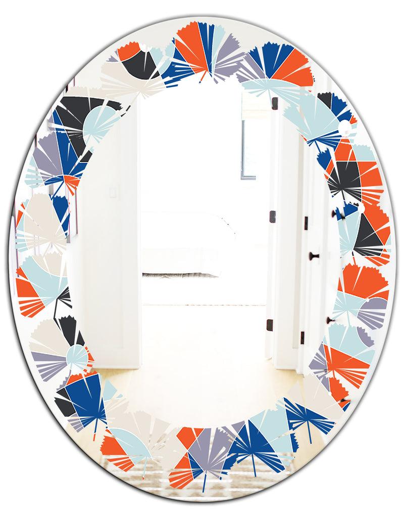 DesignQ Retro Geometric Grid IV - Modern Round Or Oval Wall Mirror - Leaves