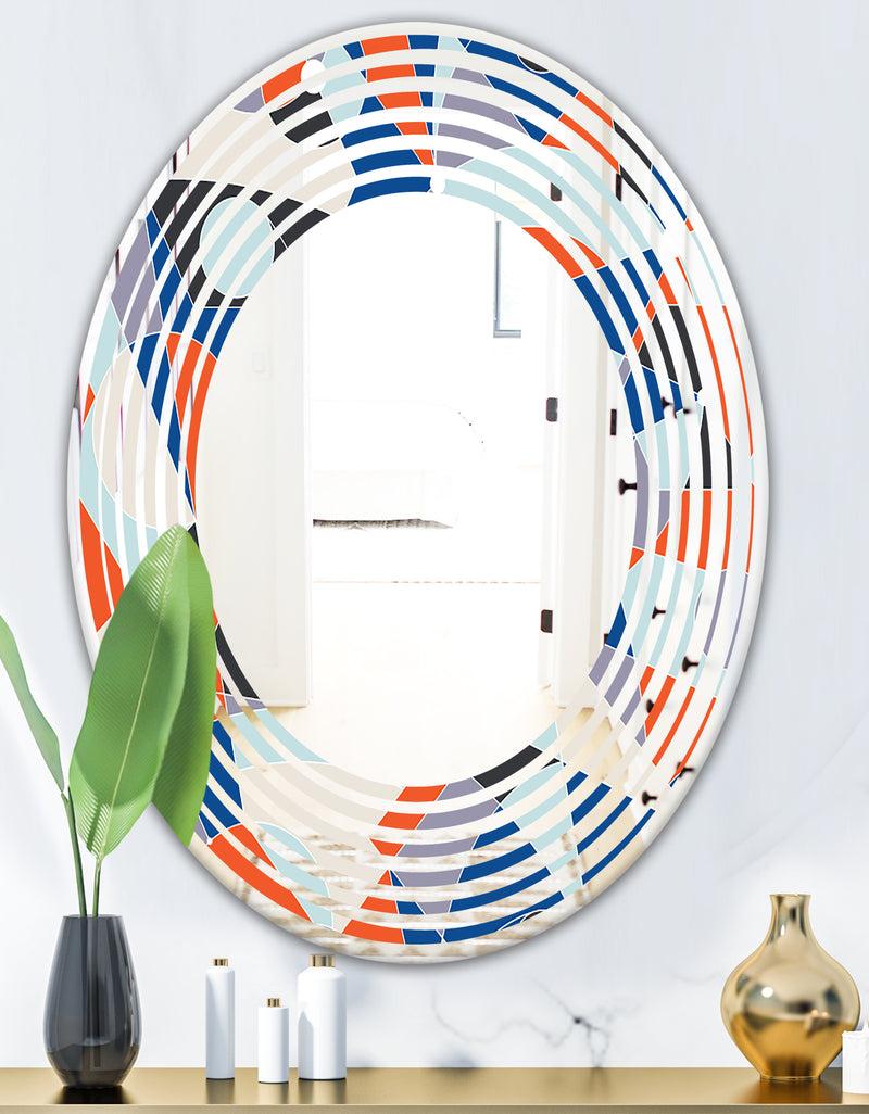DesignQ Retro Geometric Grid IV - Modern Round Or Oval Wall Mirror - Wave