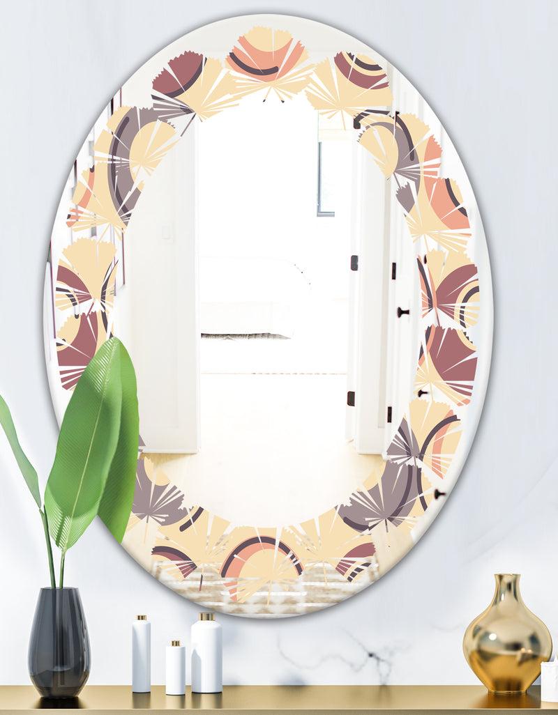 DesignQ Retro Geometric Pattern - Modern Round Or Oval Wall Mirror - Leaves