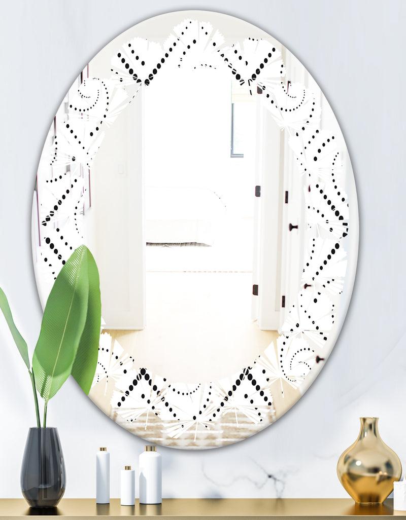 DesignQ Retro Geometrical Abstract Minimal Pattern III - Modern Round Or Oval Wall Mirror - Leaves