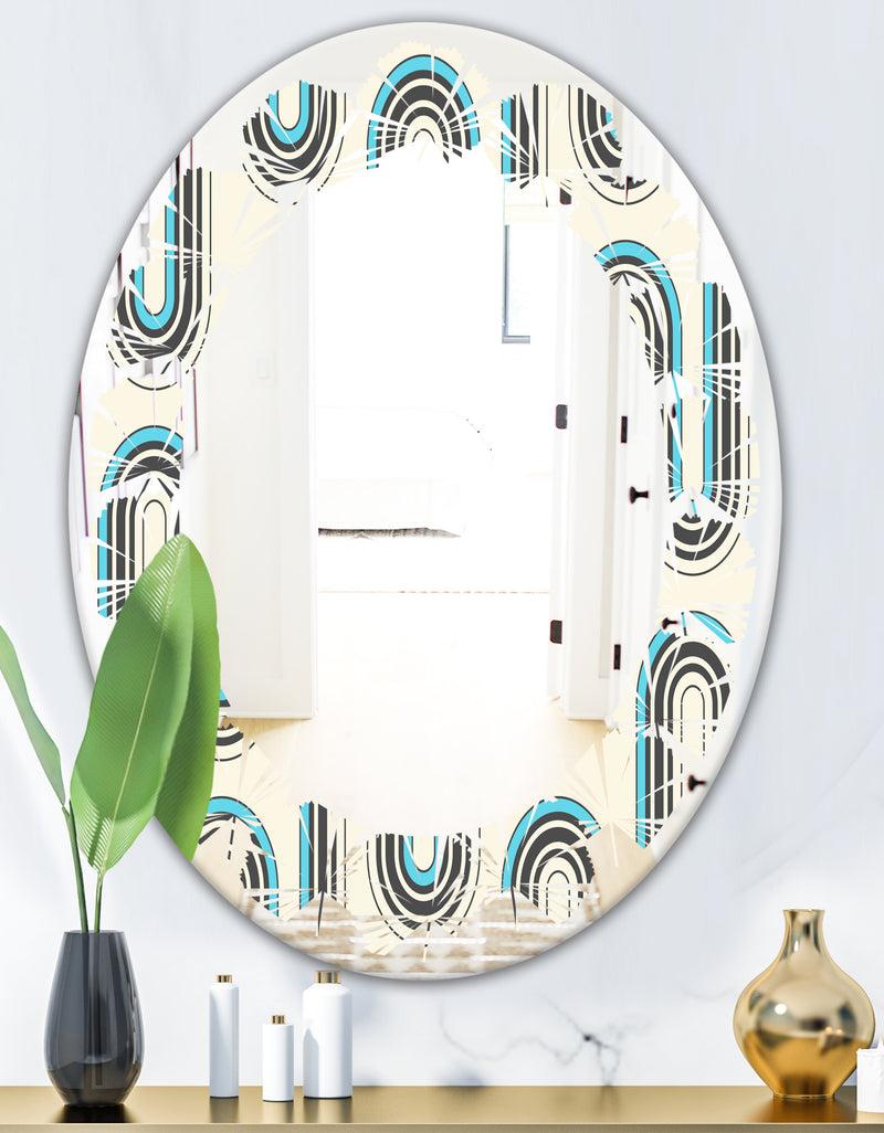 DesignQ Retro Geometrical Abstract Minimal Pattern IV - Modern Round Or Oval Wall Mirror - Leaves