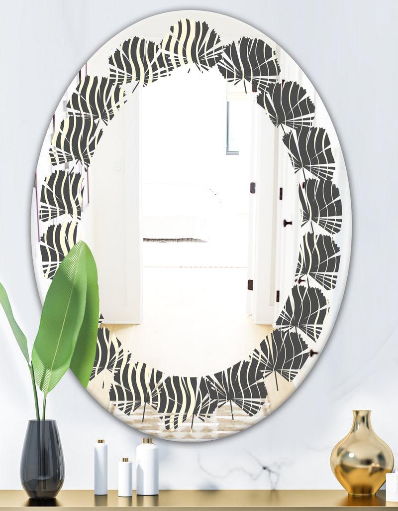 DesignQ Retro Geometrical Abstract Minimal Pattern V - Modern Round Or Oval Wall Mirror - Leaves
