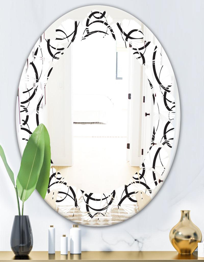 DesignQ Retro Geometrical Abstract Minimal Pattern VI - Modern Round Or Oval Wall Mirror - Leaves