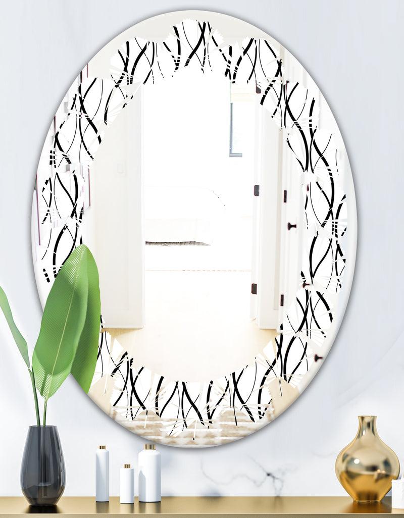 DesignQ Retro Geometrical Abstract Minimal Pattern X - Modern Round Or Oval Wall Mirror - Leaves