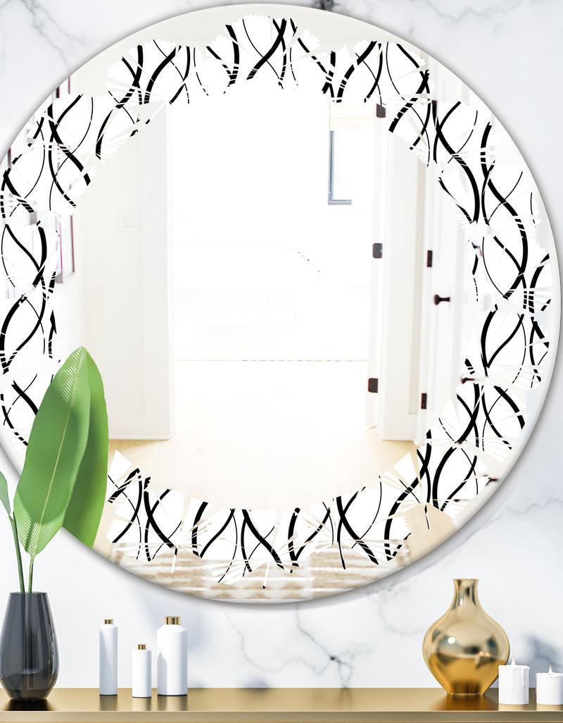 DesignQ Retro Geometrical Abstract Minimal Pattern X - Modern Round or Oval Wall Mirror - Leaves
