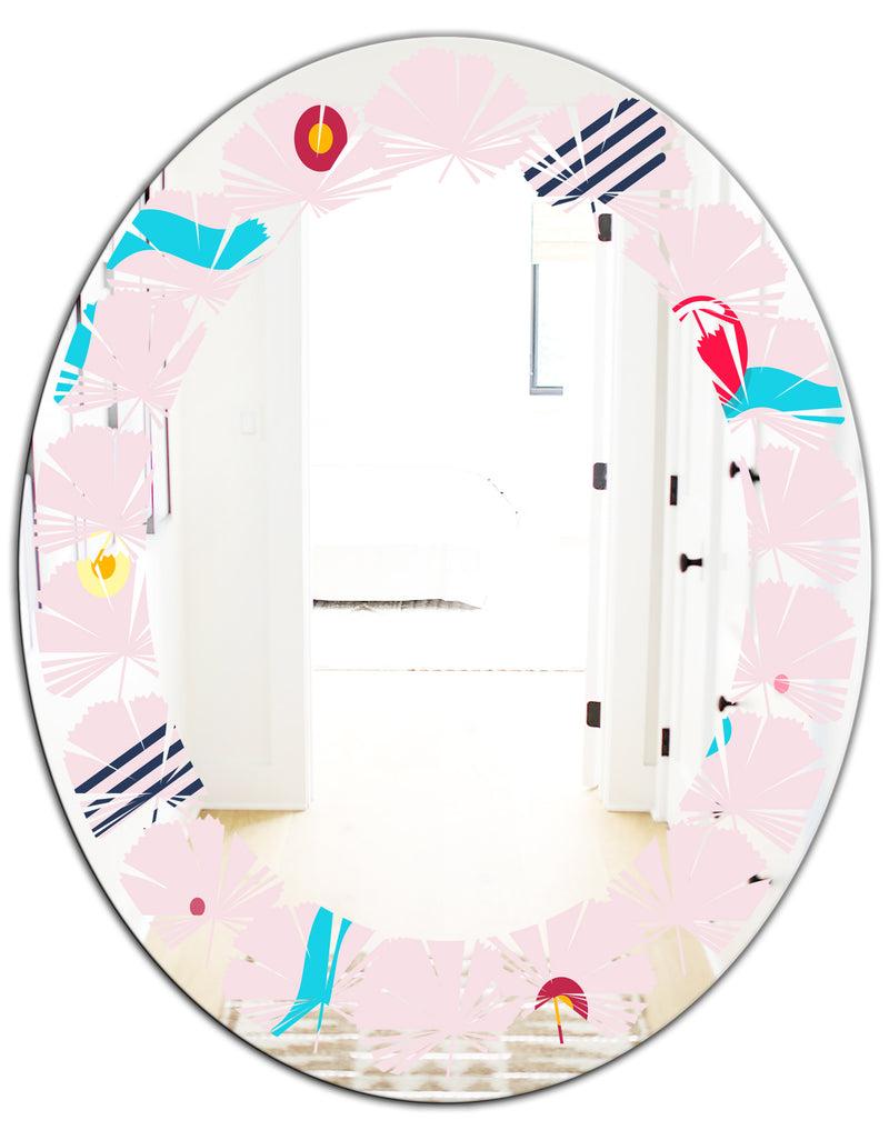 DesignQ Retro Geometrical Abstract Pattern III - Modern Round Or Oval Wall Mirror - Leaves