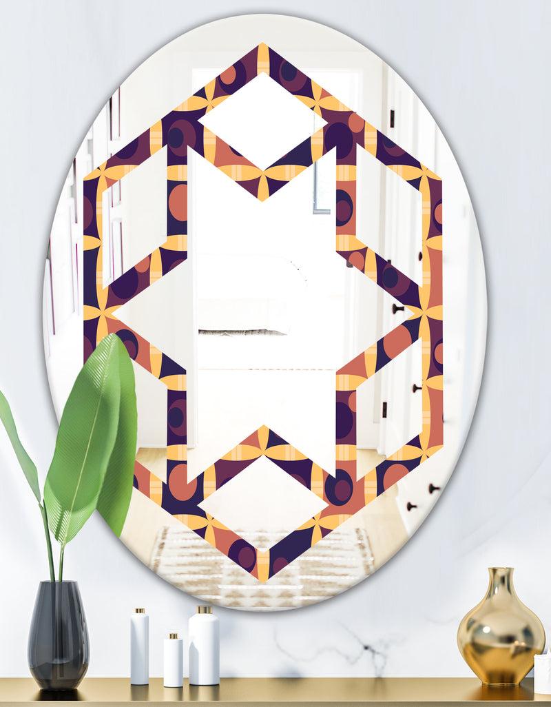 DesignQ Retro Grid In Orange - Modern Round Or Oval Wall Mirror - Hexagon Star