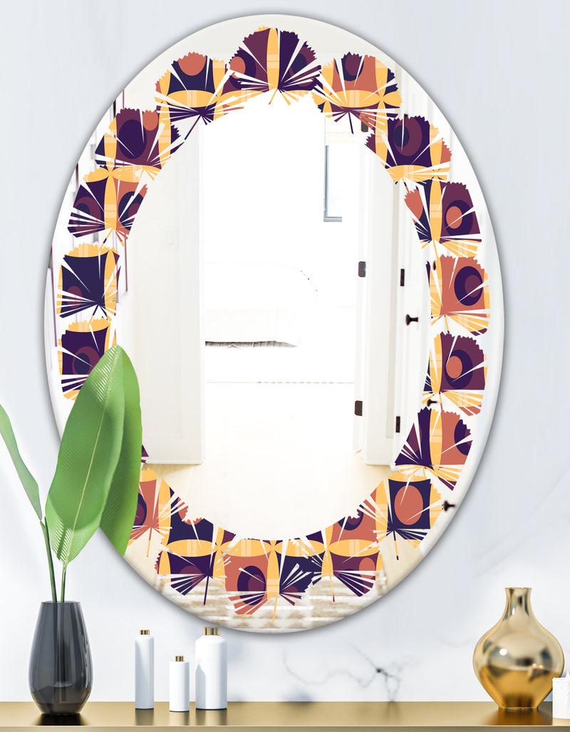 DesignQ Retro Grid In Orange - Modern Round Or Oval Wall Mirror - Leaves