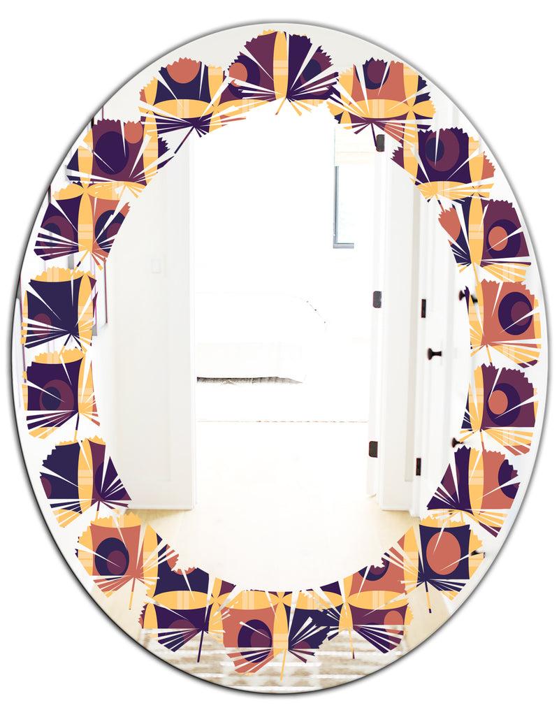 DesignQ Retro Grid In Orange - Modern Round Or Oval Wall Mirror - Leaves