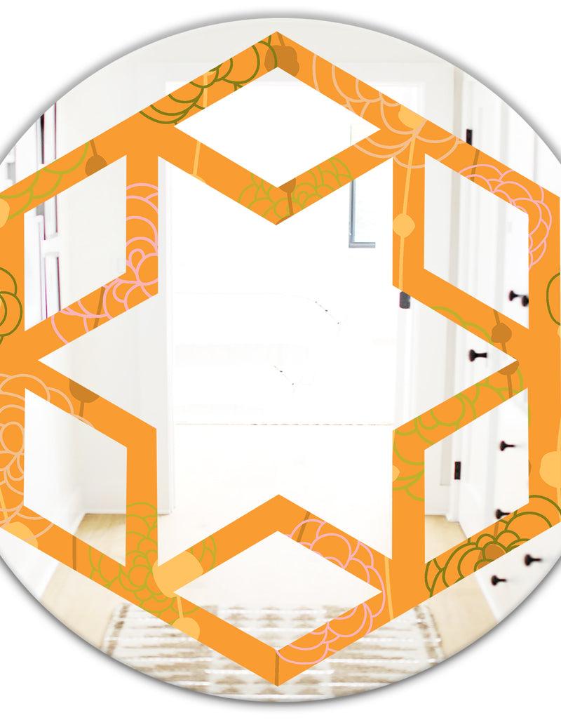 DesignQ Retro Handdrawn Flowers III - Modern Round Or Oval Wall Mirror - Hexagon Star