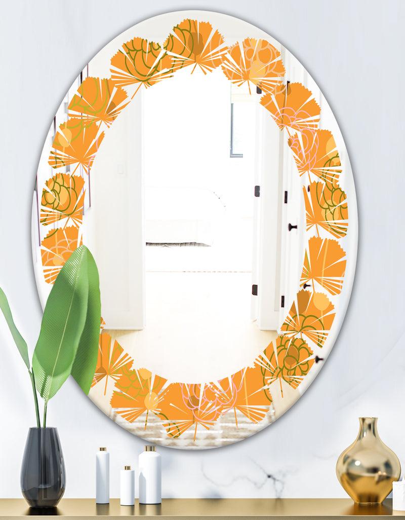 DesignQ Retro Handdrawn Flowers III - Modern Round Or Oval Wall Mirror - Leaves