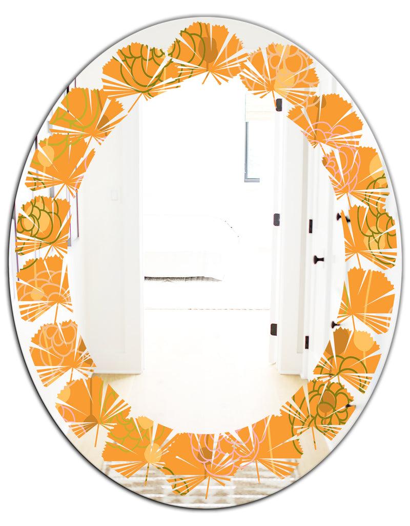 DesignQ Retro Handdrawn Flowers III - Modern Round Or Oval Wall Mirror - Leaves