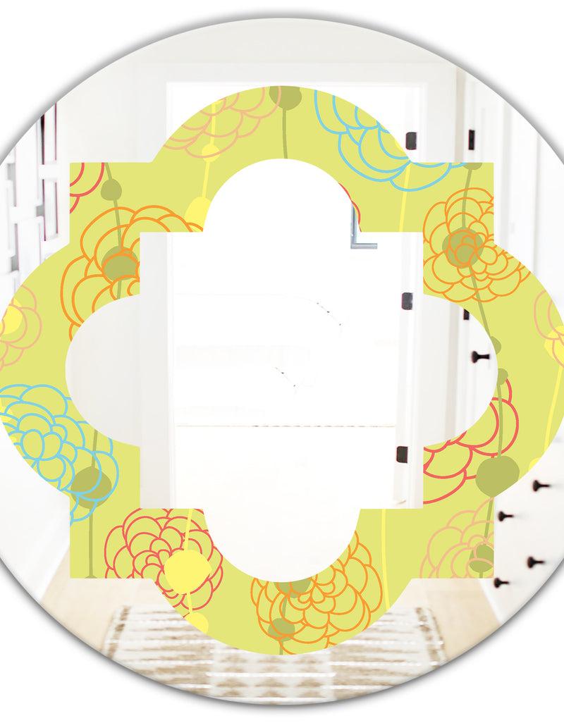 DesignQ Retro Handdrawn Flowers On Green Background - Modern Round Or Oval Wall Mirror - Quatrefoil