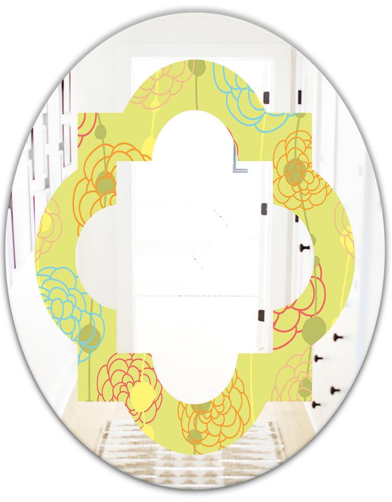DesignQ Retro Handdrawn Flowers On Green Background - Modern Round Or Oval Wall Mirror - Quatrefoil