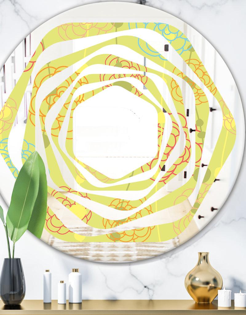 DesignQ Retro Handdrawn Flowers On Green Background - Modern Round or Oval Wall Mirror - Whirl