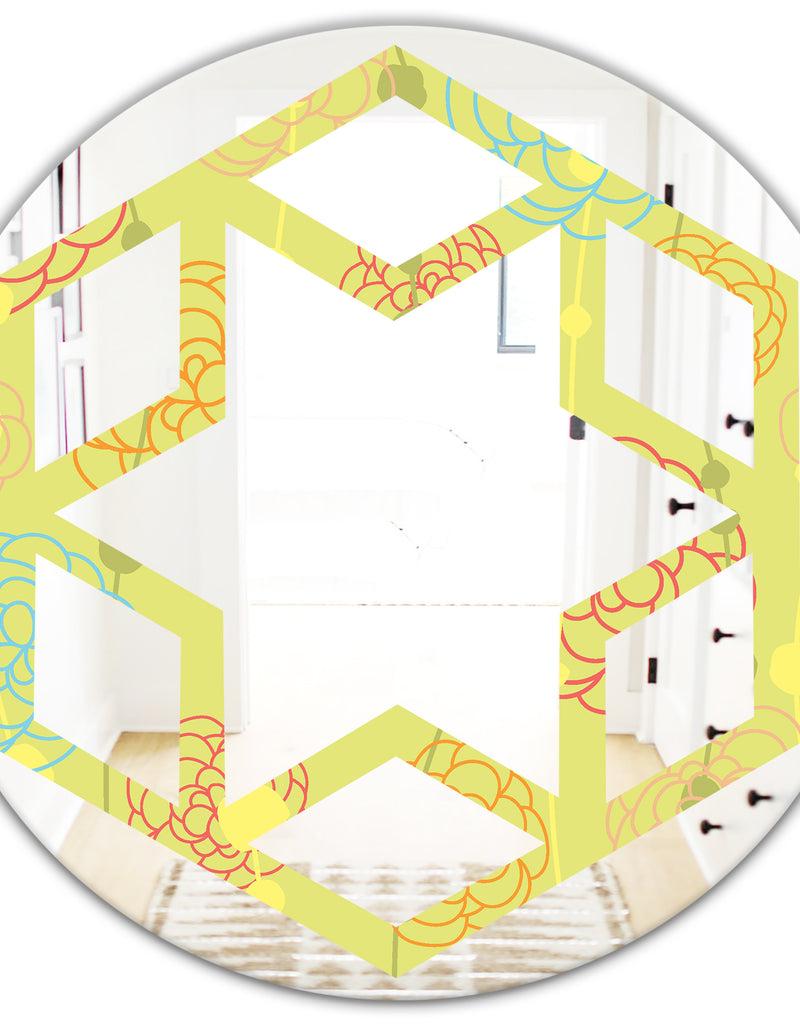 DesignQ Retro Handdrawn Flowers On Green Background - Modern Round Or Oval Wall Mirror - Hexagon Star