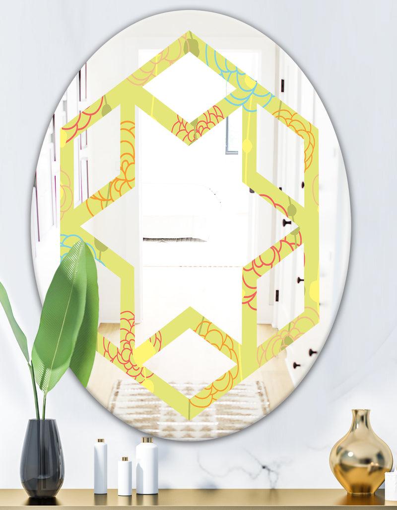 DesignQ Retro Handdrawn Flowers On Green Background - Modern Round Or Oval Wall Mirror - Hexagon Star