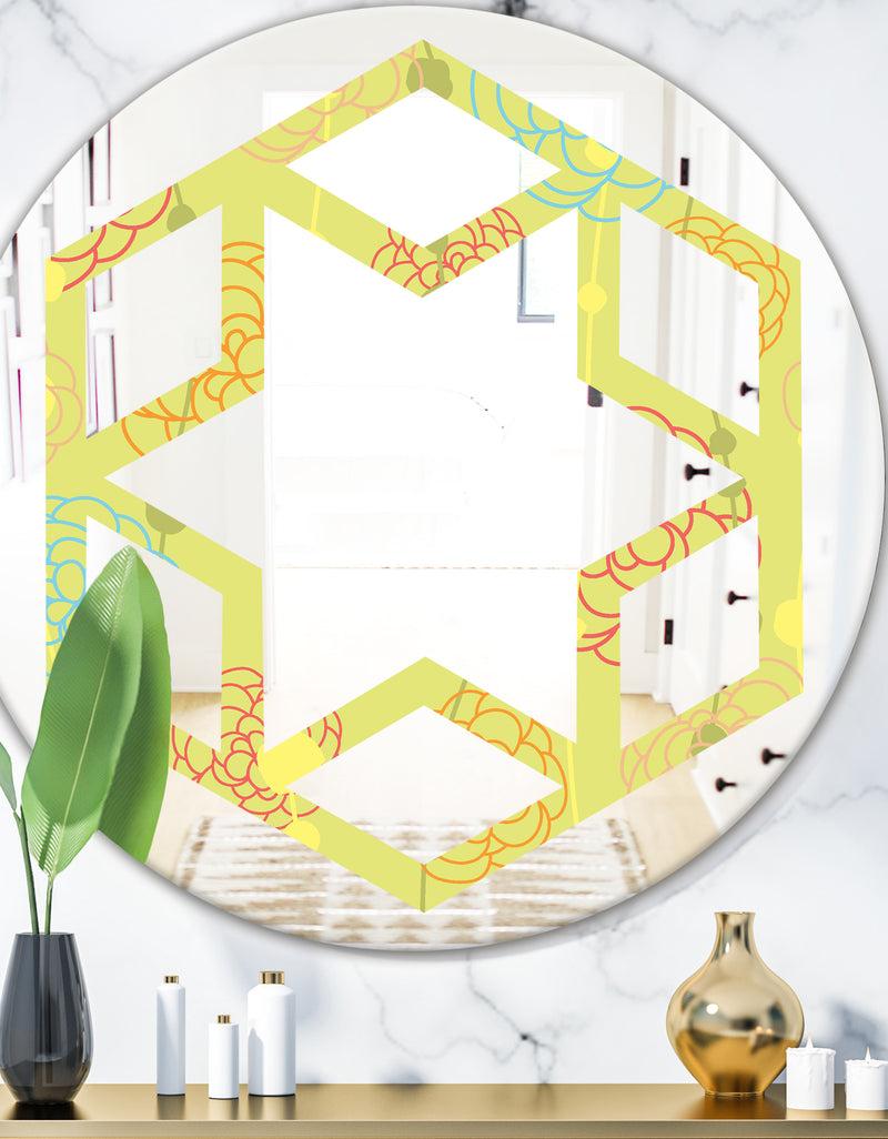 DesignQ Retro Handdrawn Flowers On Green Background - Modern Round or Oval Wall Mirror - Hexagon Star