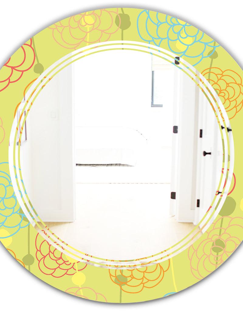 DesignQ Retro Handdrawn Flowers On Green Background - Modern Round Or Oval Wall Mirror - Triple C