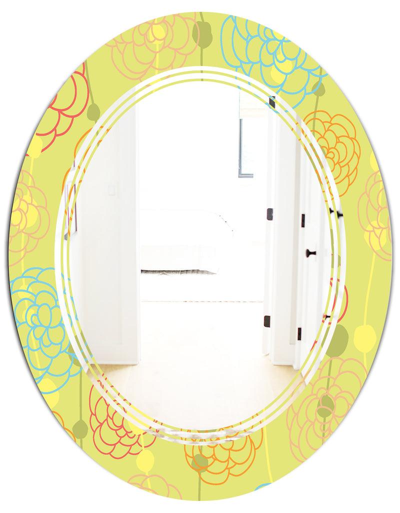 DesignQ Retro Handdrawn Flowers On Green Background - Modern Round Or Oval Wall Mirror - Triple C