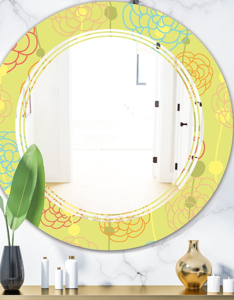 DesignQ Retro Handdrawn Flowers On Green Background - Modern Round or Oval Wall Mirror - Triple C