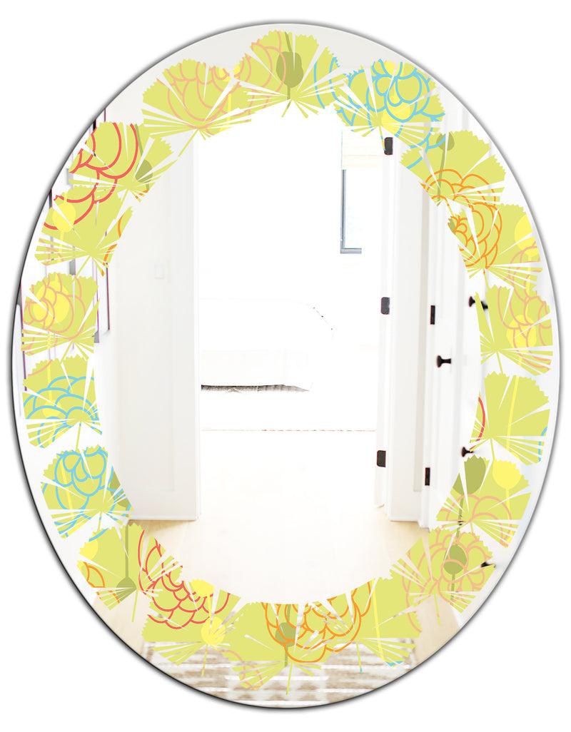 DesignQ Retro Handdrawn Flowers On Green Background - Modern Round Or Oval Wall Mirror - Leaves