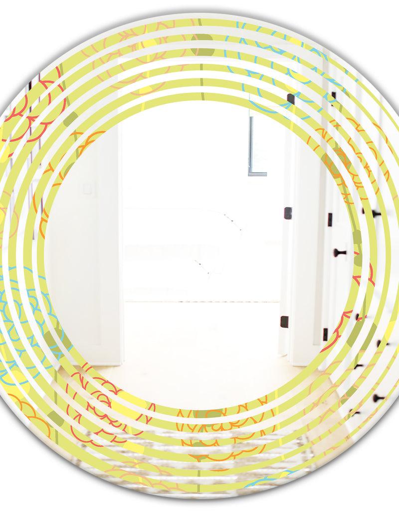 DesignQ Retro Handdrawn Flowers On Green Background - Modern Round Or Oval Wall Mirror - Wave
