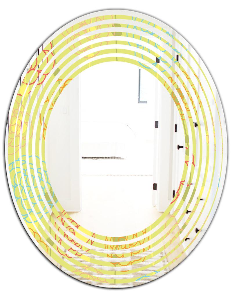DesignQ Retro Handdrawn Flowers On Green Background - Modern Round Or Oval Wall Mirror - Wave
