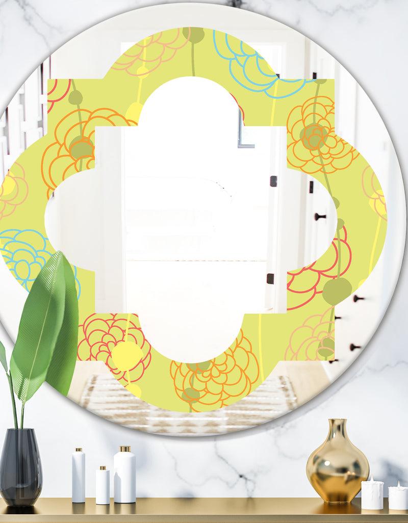 DesignQ Retro Handdrawn Flowers On Green Background - Modern Round or Oval Wall Mirror - Quatrefoil