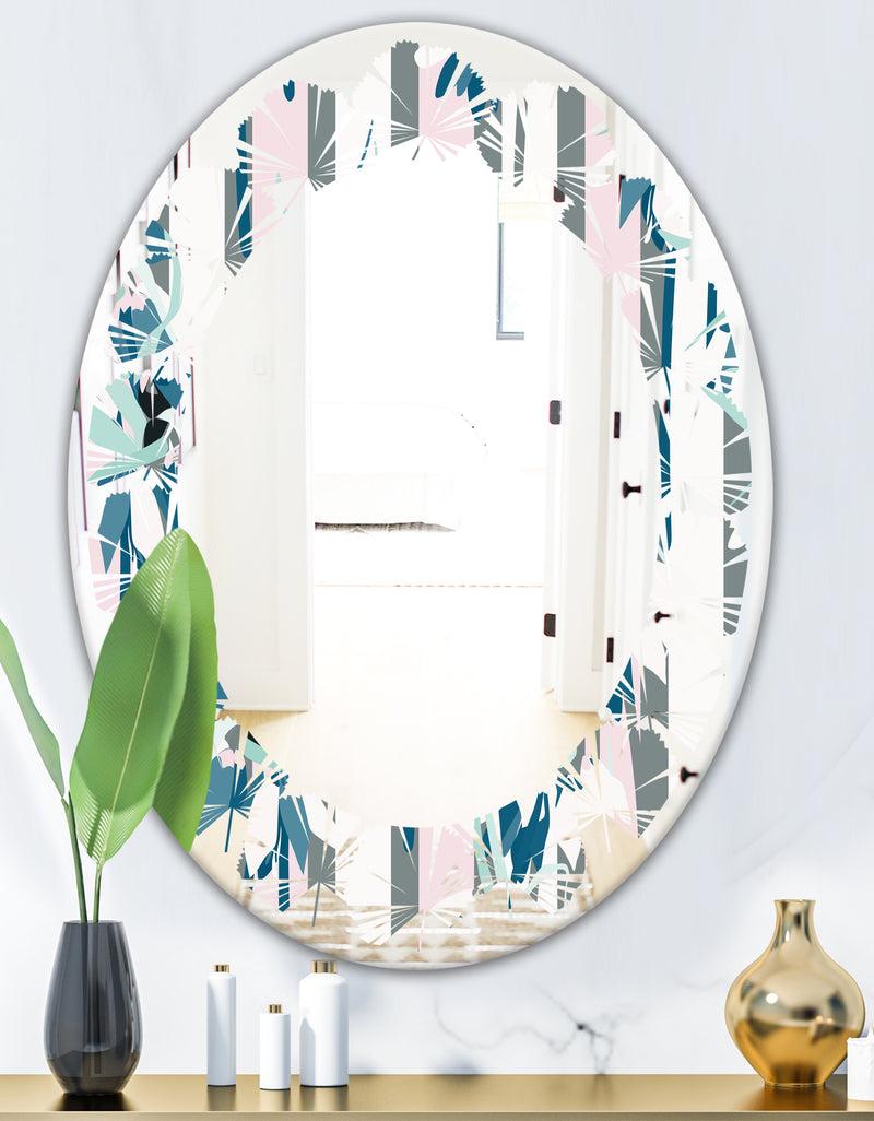 DesignQ Retro Handdrawn Lilies - Modern Round Or Oval Wall Mirror - Leaves