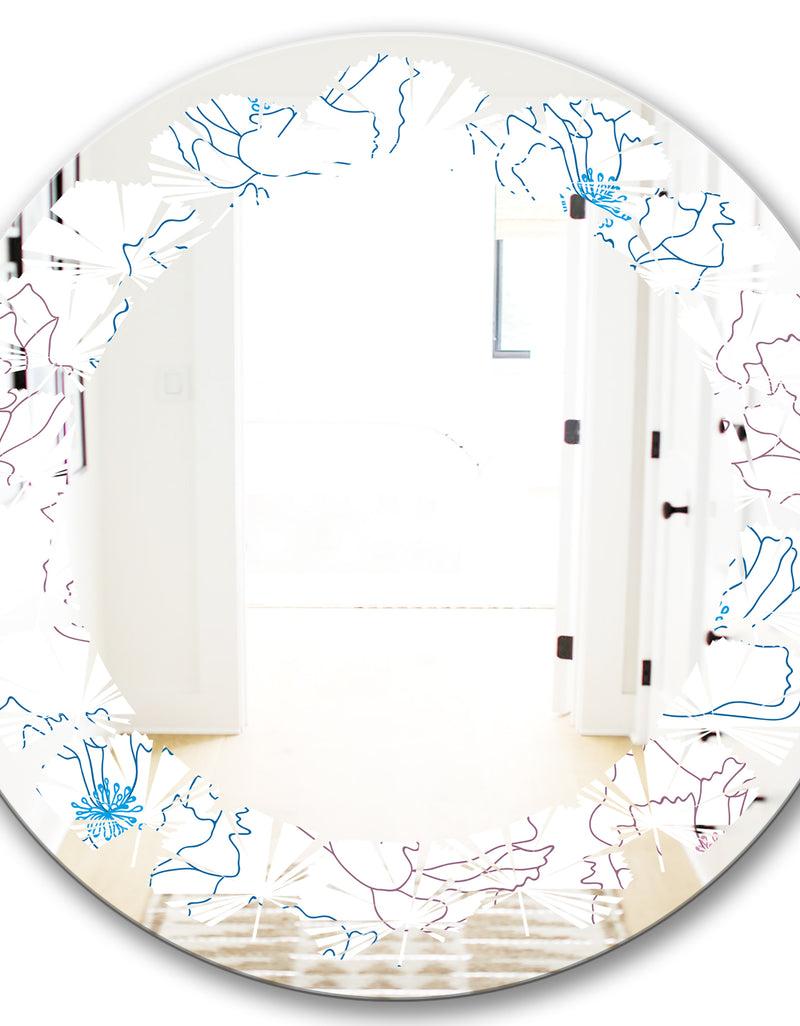 DesignQ Retro Handdrawn Poppies I - Modern Round Or Oval Wall Mirror - Leaves