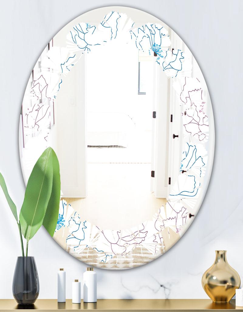 DesignQ Retro Handdrawn Poppies I - Modern Round Or Oval Wall Mirror - Leaves