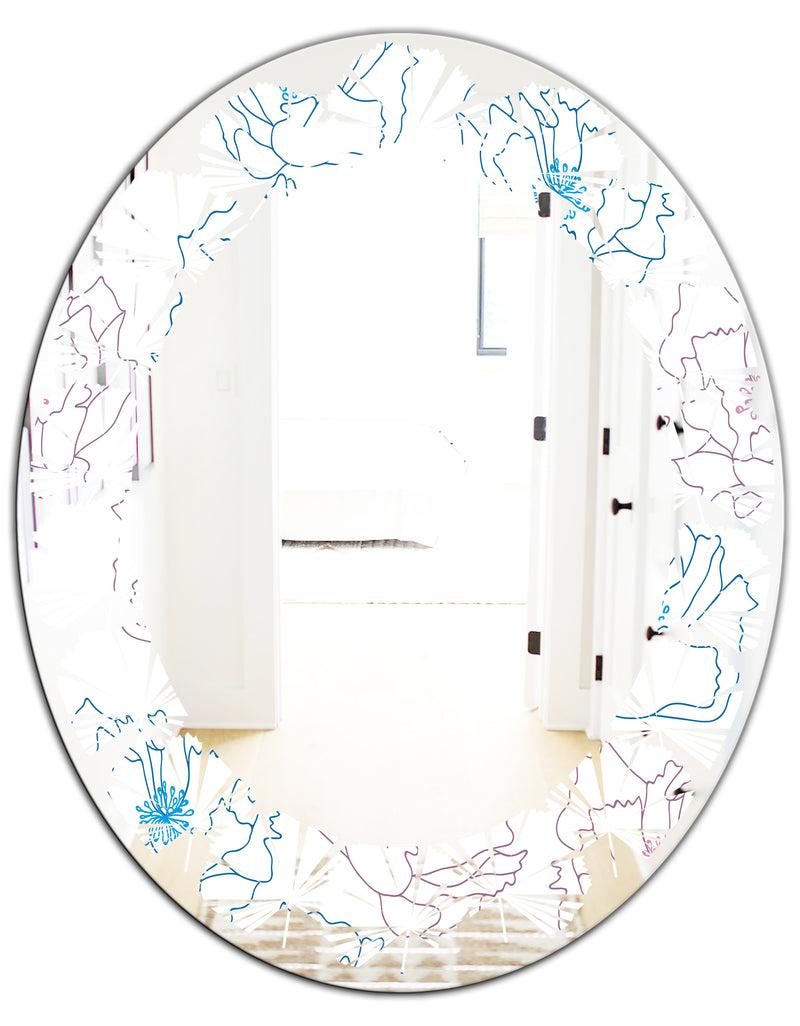 DesignQ Retro Handdrawn Poppies I - Modern Round Or Oval Wall Mirror - Leaves