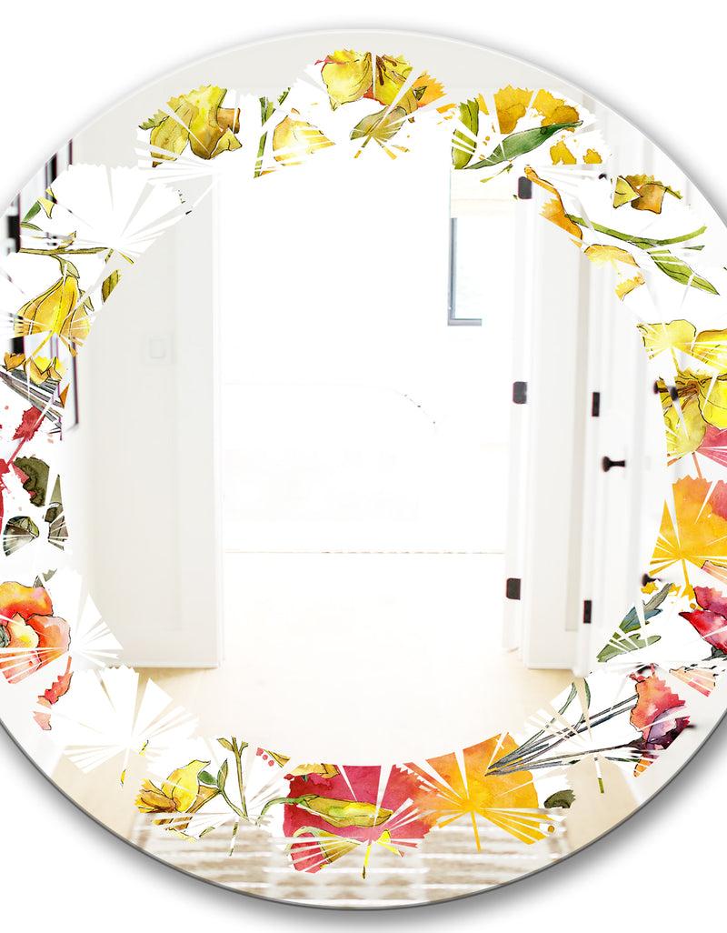 DesignQ Retro Handdrawn Poppies IV - Cottage Round Or Oval Wall Mirror - Leaves