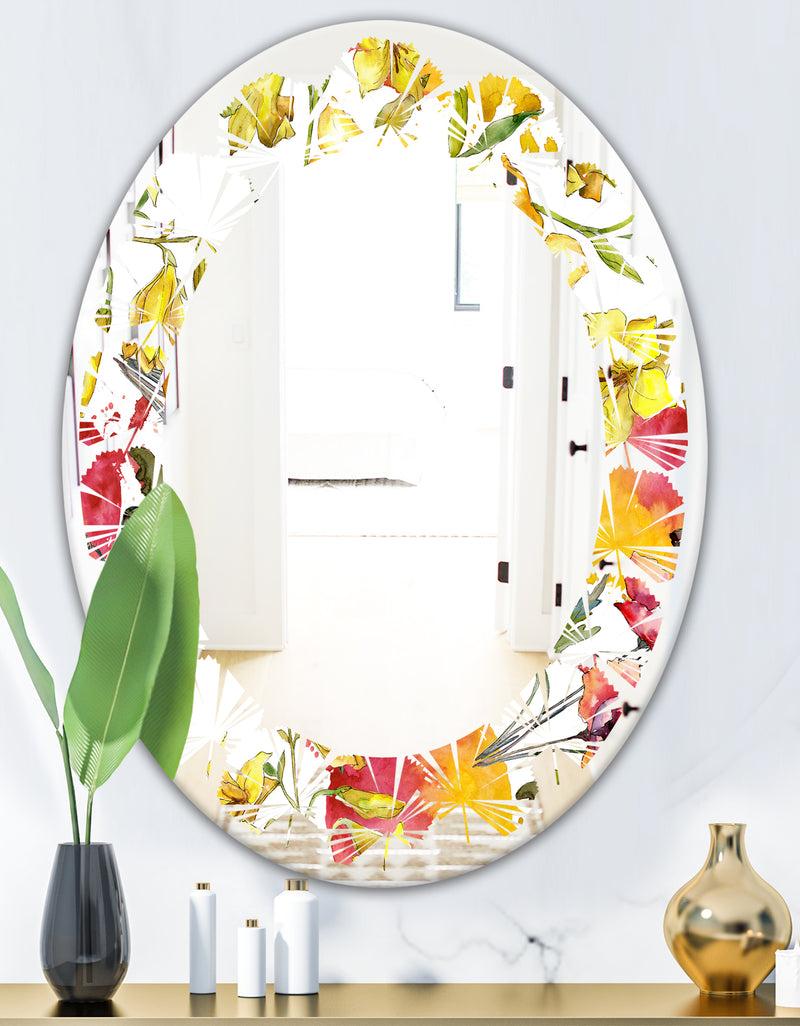 DesignQ Retro Handdrawn Poppies IV - Cottage Round Or Oval Wall Mirror - Leaves