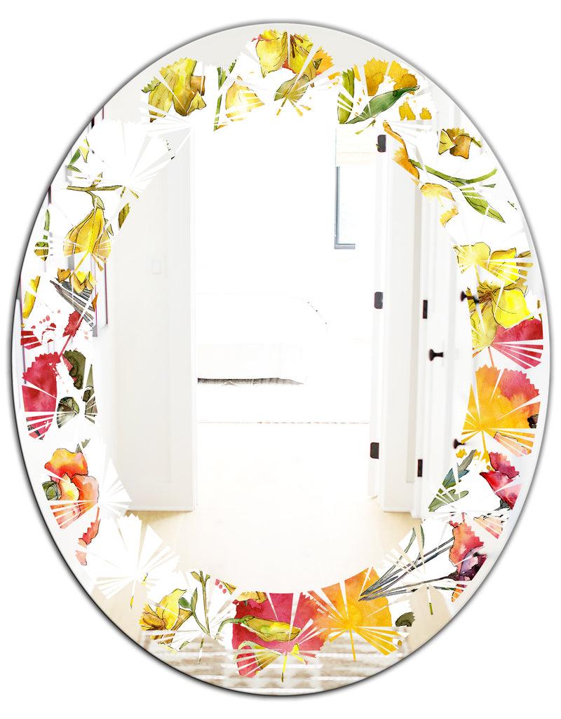 DesignQ Retro Handdrawn Poppies IV - Cottage Round Or Oval Wall Mirror - Leaves