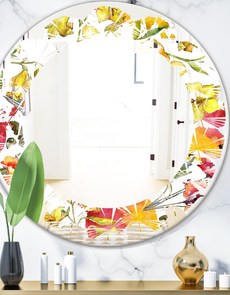 DesignQ Retro Handdrawn Poppies IV - Cottage Round or Oval Wall Mirror - Leaves