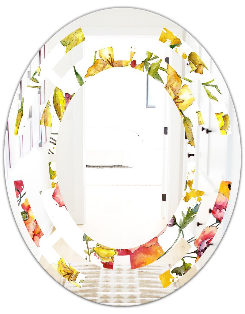 DesignQ Retro Handdrawn Poppies IV - Cottage Round Or Oval Wall Mirror - Space