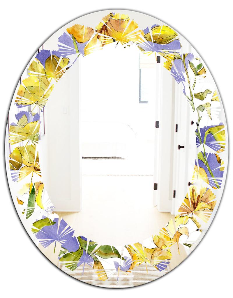 DesignQ Retro Handdrawn Poppies V - Cottage Round Or Oval Wall Mirror - Leaves