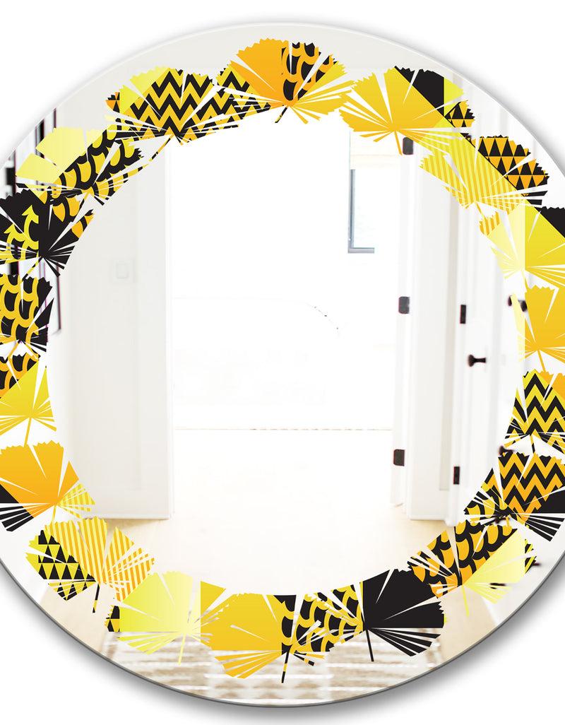 DesignQ Retro Hexagon Pattern II - Modern Round Or Oval Wall Mirror - Leaves