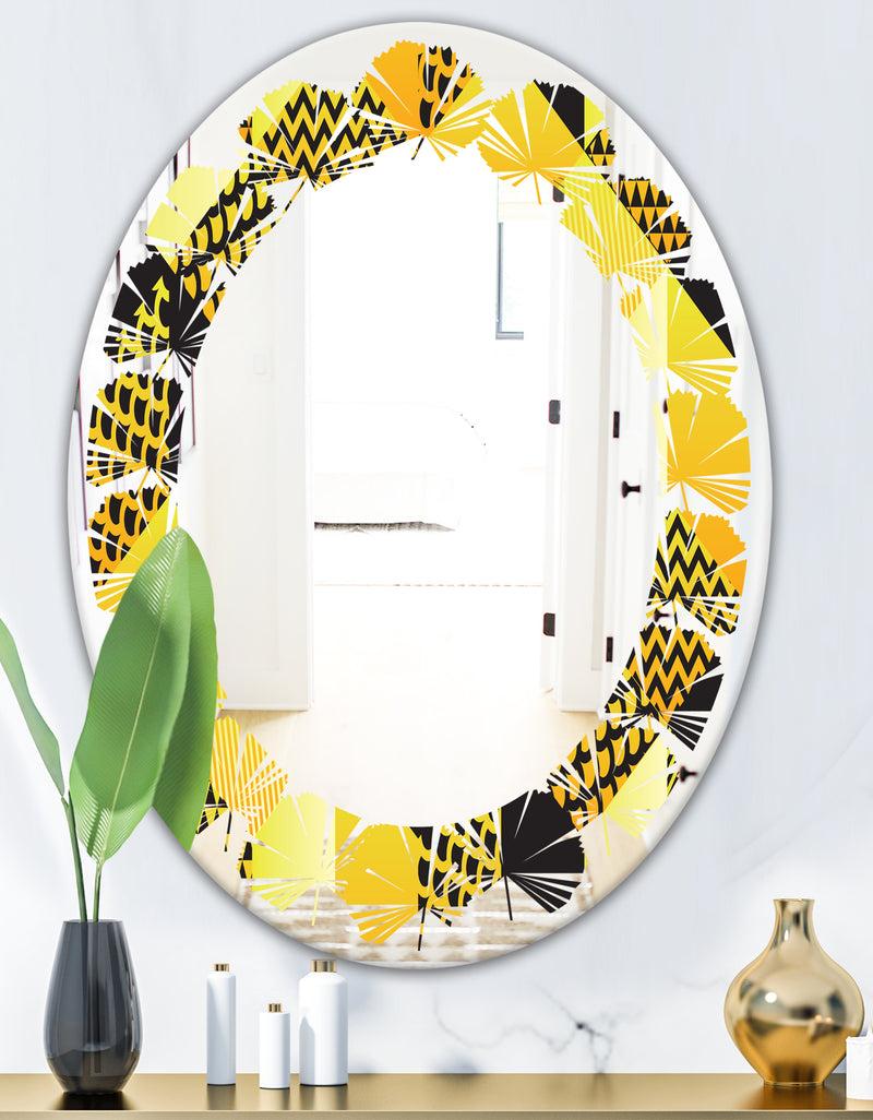 DesignQ Retro Hexagon Pattern II - Modern Round Or Oval Wall Mirror - Leaves