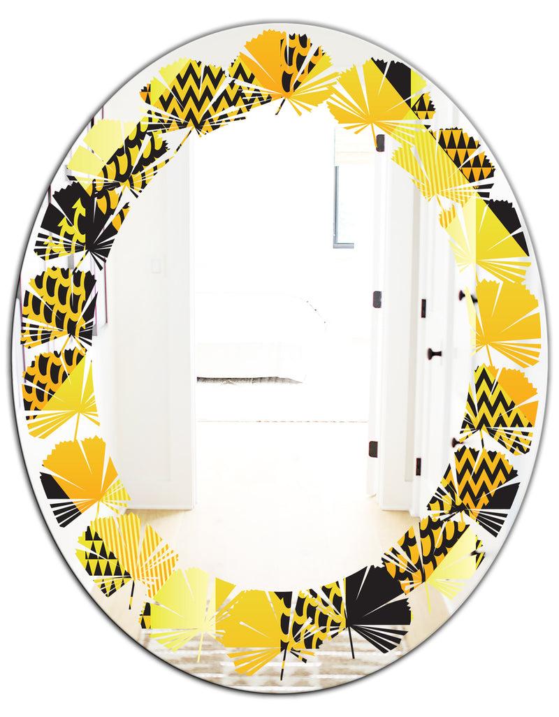 DesignQ Retro Hexagon Pattern II - Modern Round Or Oval Wall Mirror - Leaves
