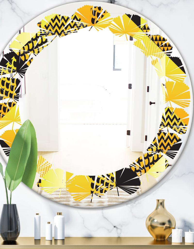 DesignQ Retro Hexagon Pattern II - Modern Round or Oval Wall Mirror - Leaves
