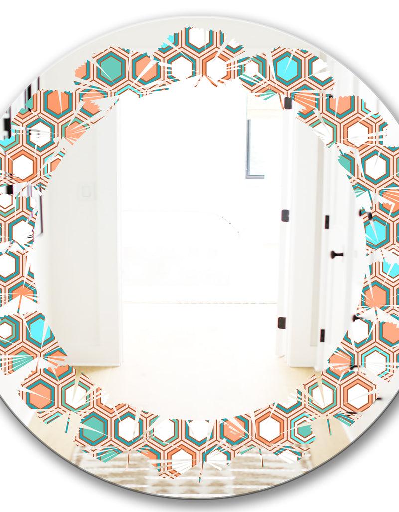 DesignQ Retro Hexagon Pattern III - Modern Round Or Oval Wall Mirror - Leaves