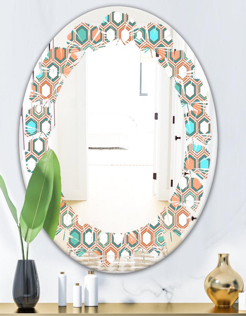 DesignQ Retro Hexagon Pattern III - Modern Round Or Oval Wall Mirror - Leaves
