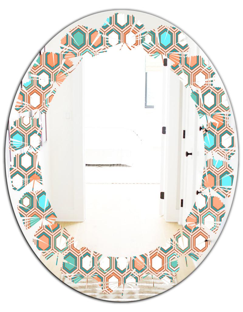 DesignQ Retro Hexagon Pattern III - Modern Round Or Oval Wall Mirror - Leaves