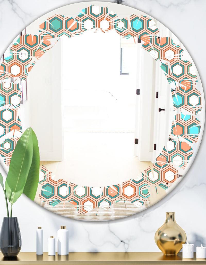 DesignQ Retro Hexagon Pattern III - Modern Round or Oval Wall Mirror - Leaves