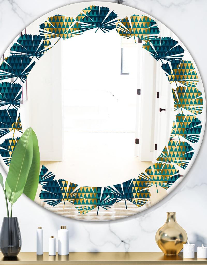 DesignQ Retro Hexagon Pattern V - Modern Round or Oval Wall Mirror - Leaves