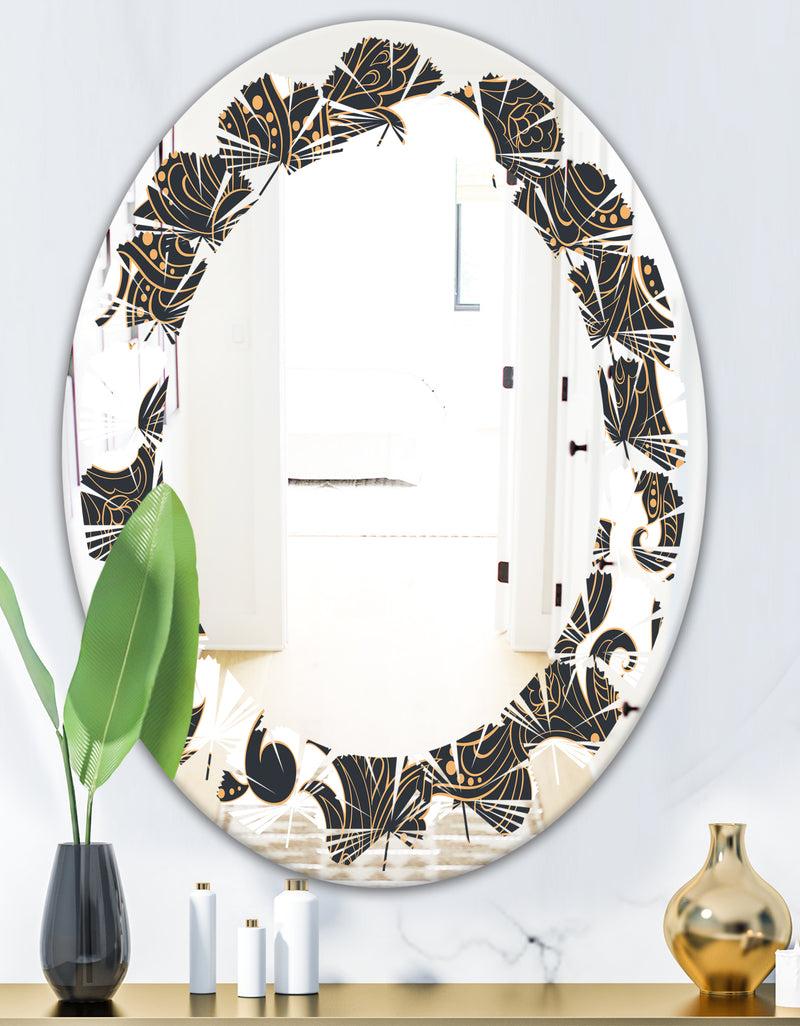 DesignQ Retro Indian Floral Batik I - Modern Round Or Oval Wall Mirror - Leaves
